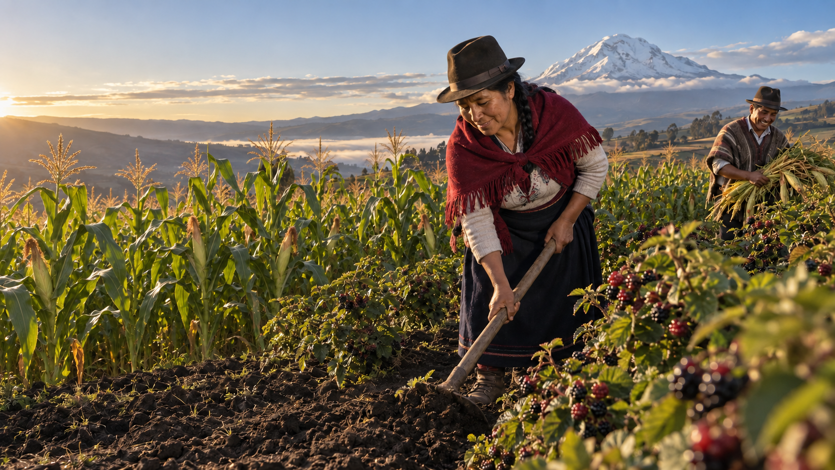 Mujer trabajando la tierra entre cultivos de mora y maíz, con el Chimborazo al fondo y un productor cosechando